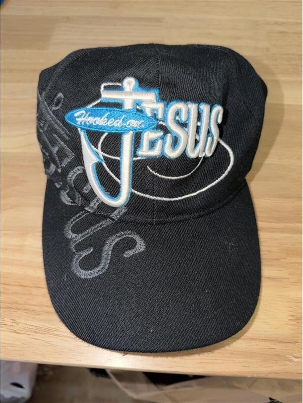 2000s Hooked On Jesus Hat Black Snapback Faith Graphic Cap